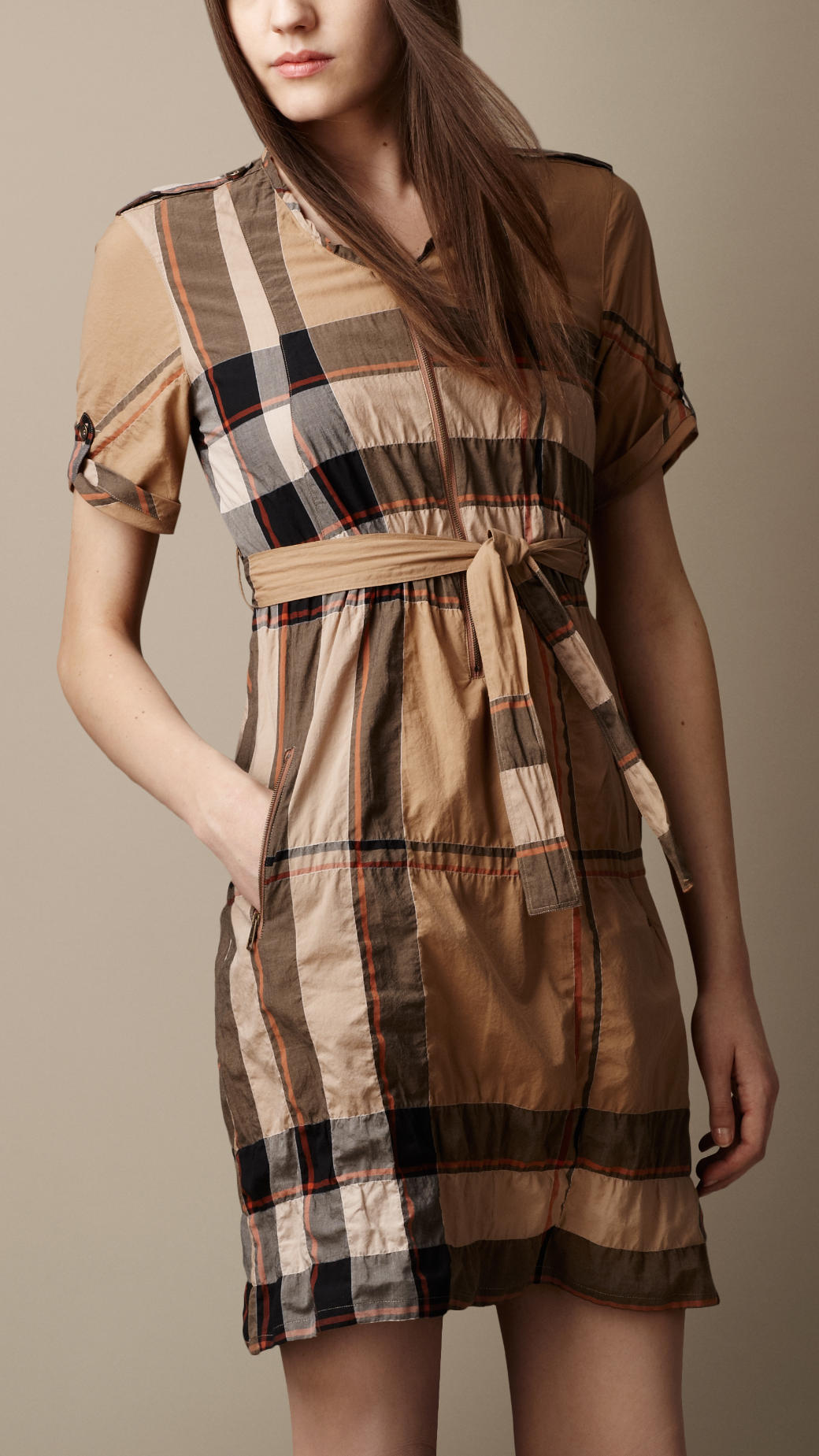 Burberry Zip Front Check Tunic Dress in Brown | Lyst