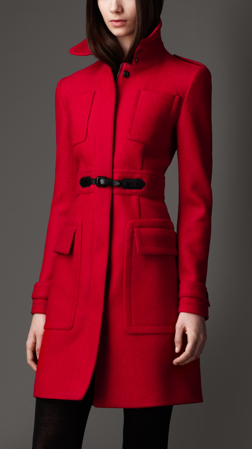 Burberry Buckle Detail Wool Coat in Red | Lyst