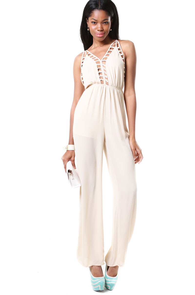 Lyst - Akira Tie Back Chiffon Jumpsuit in Taupe in White