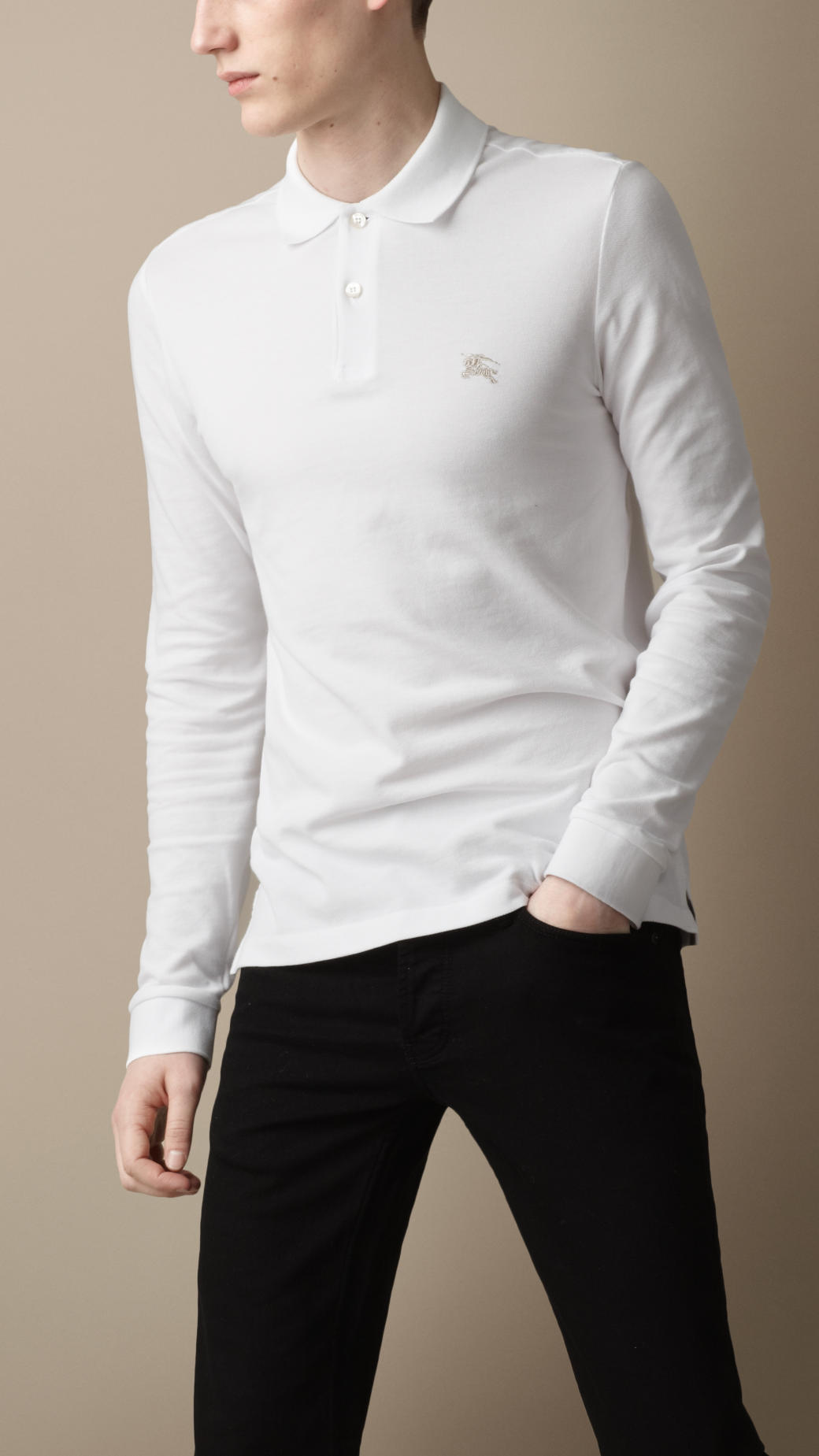 Burberry Cotton Long Sleeve Polo Shirt in White for Men - Lyst