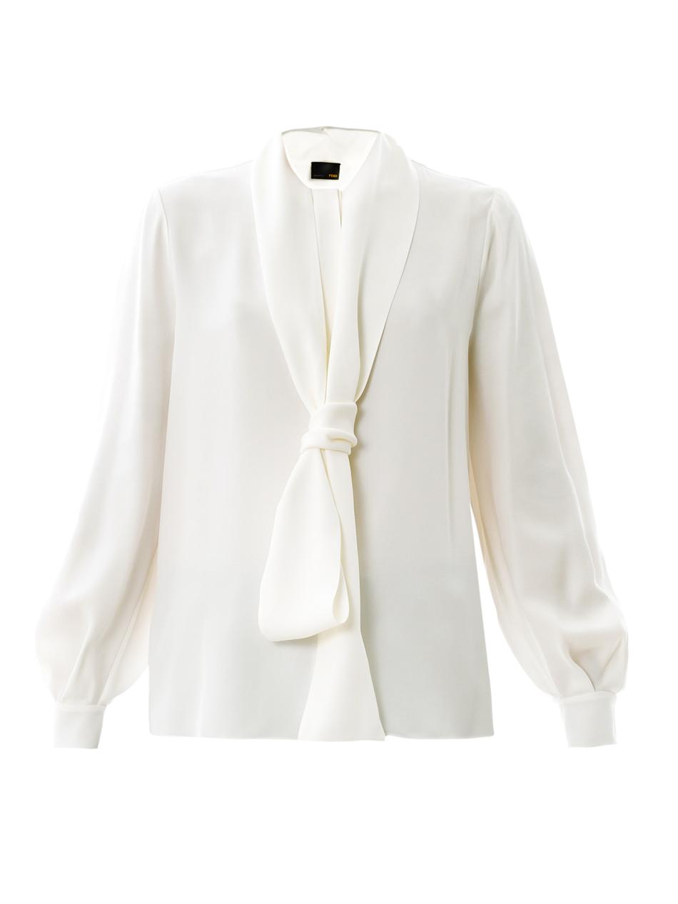 Fendi Neck Tie Silk Blouse in White | Lyst