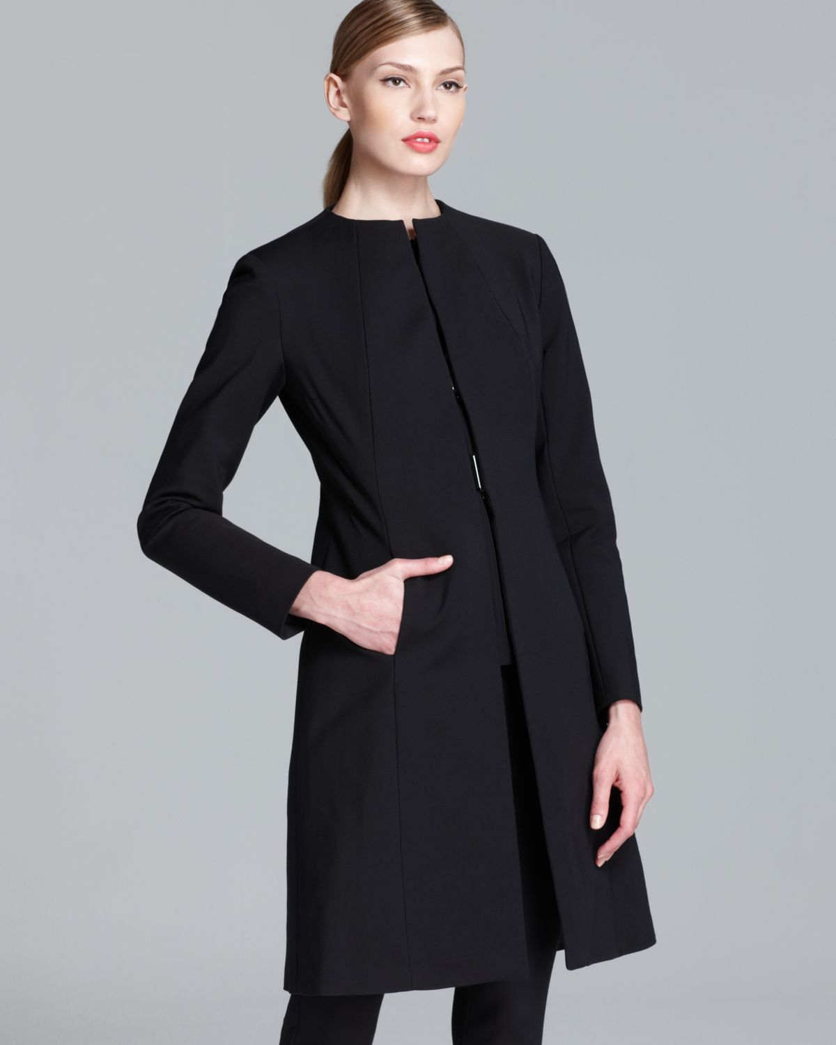 black collarless coat womens