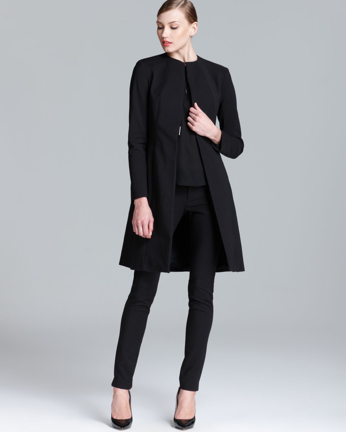 black collarless coat womens