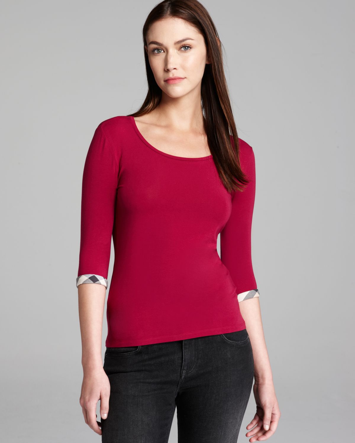 Burberry Brit Elbow Sleeve Tee with Check Cuffs in Red (Fritillary Pink ...
