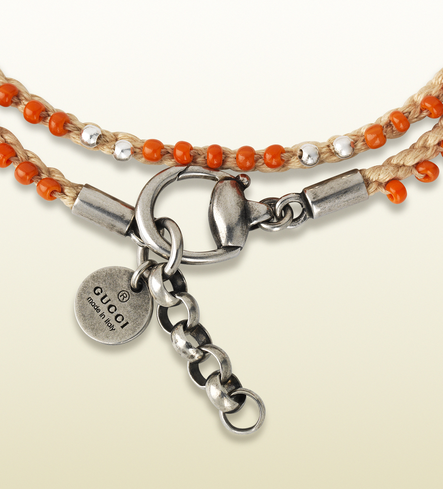Gucci Bracelet in Sterling Silver and Cord with Orange Colored Glass