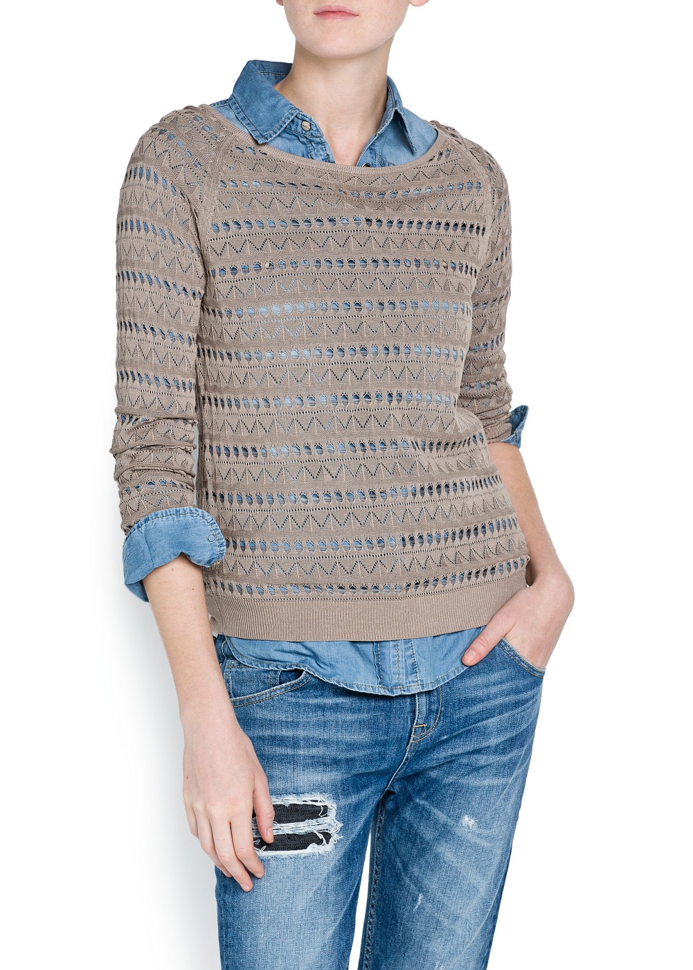 Mango Pointelle Knit Sweater in Brown - Lyst