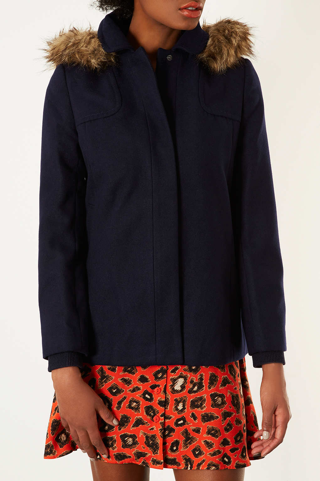 Petite Fur Hooded Swing Coat in Blue Lyst