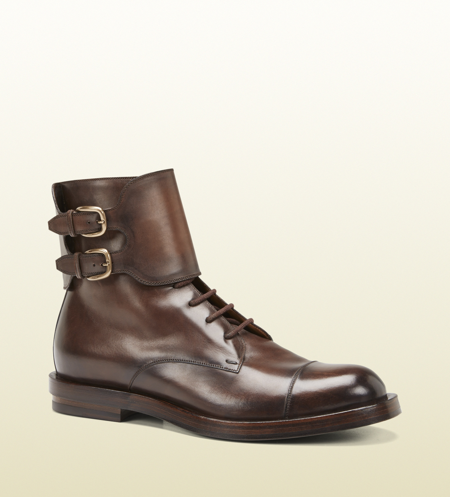 Gucci Brown Leather Double Buckle Military Boot for Men | Lyst