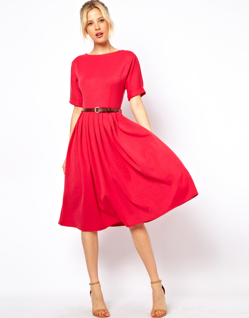 ASOS Midi Dress With Full Skirt And Belt in Pink - Lyst