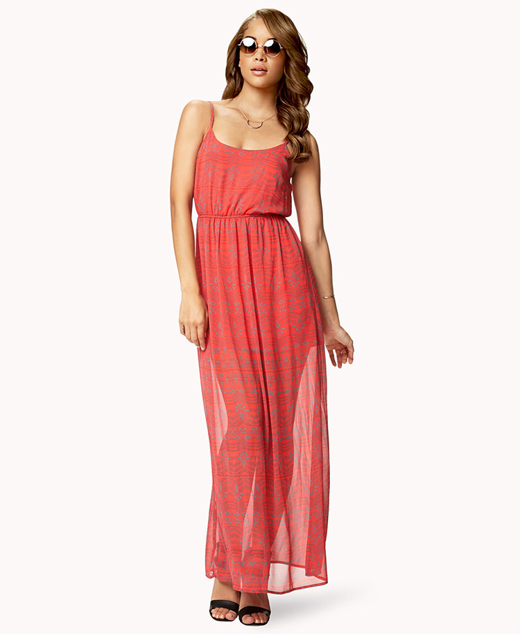 Forever 21 Tribal Print Chiffon Maxi Dress in Pink (CORAL/GREY) | Lyst