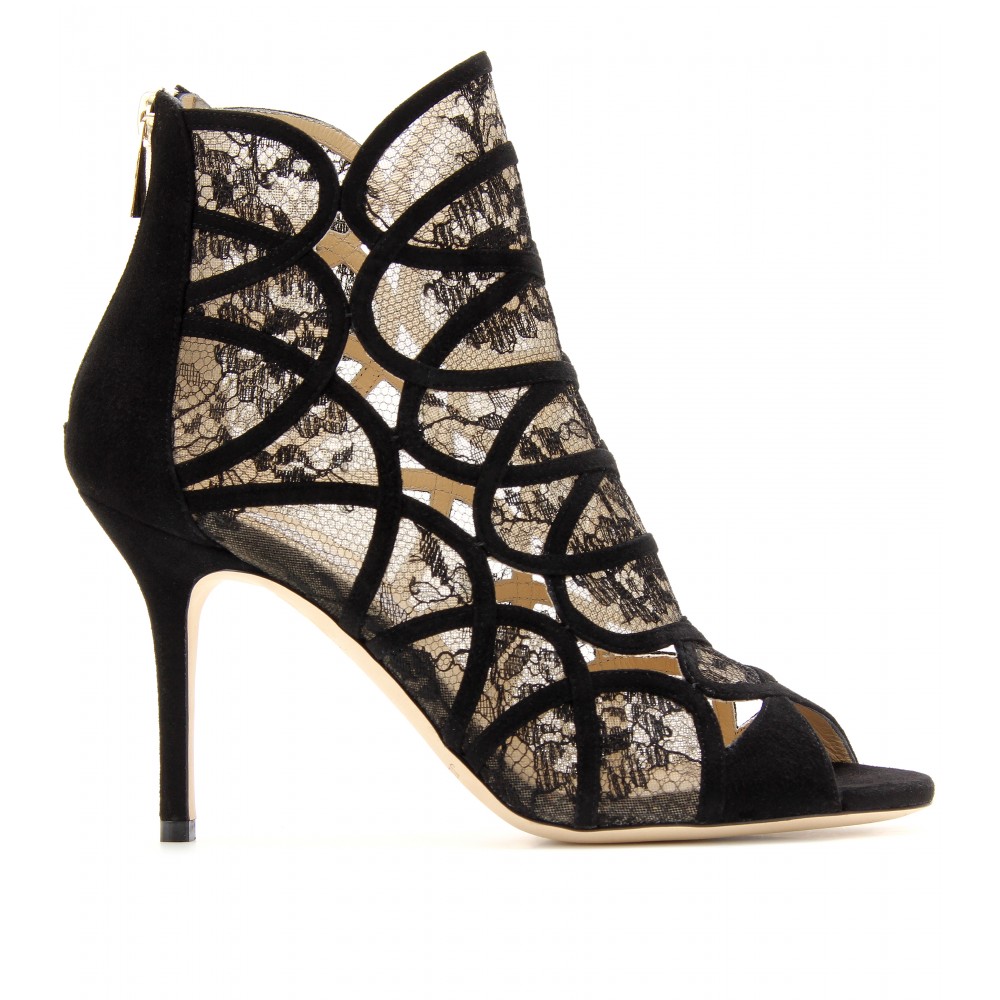 Jimmy Choo Fonda Suede Peeptoe Ankle Boots with Lace in Black - Lyst