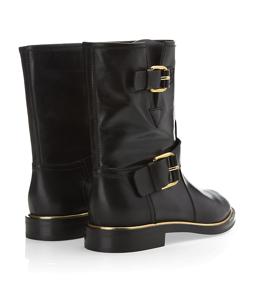 Casadei Flat Leather Biker Boot with Side Buckles in Black | Lyst