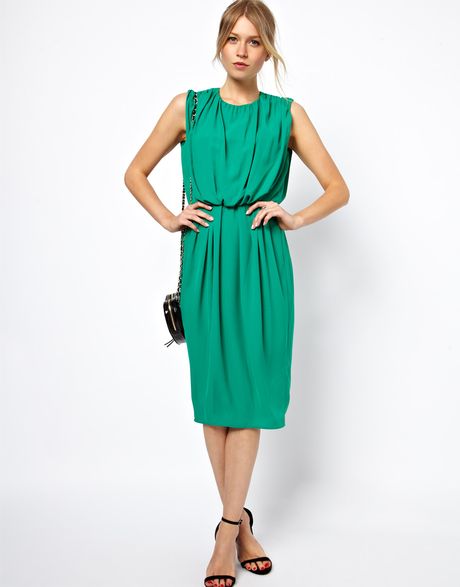 Asos Midi Dress with Drape Front in Green | Lyst