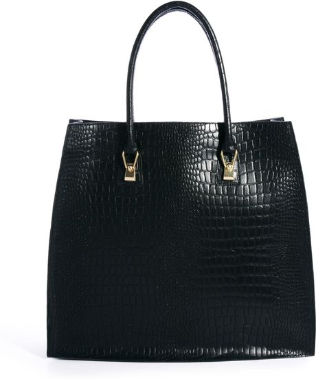 River Island Black Leather Croc Embossed Shopper Bag in Black | Lyst