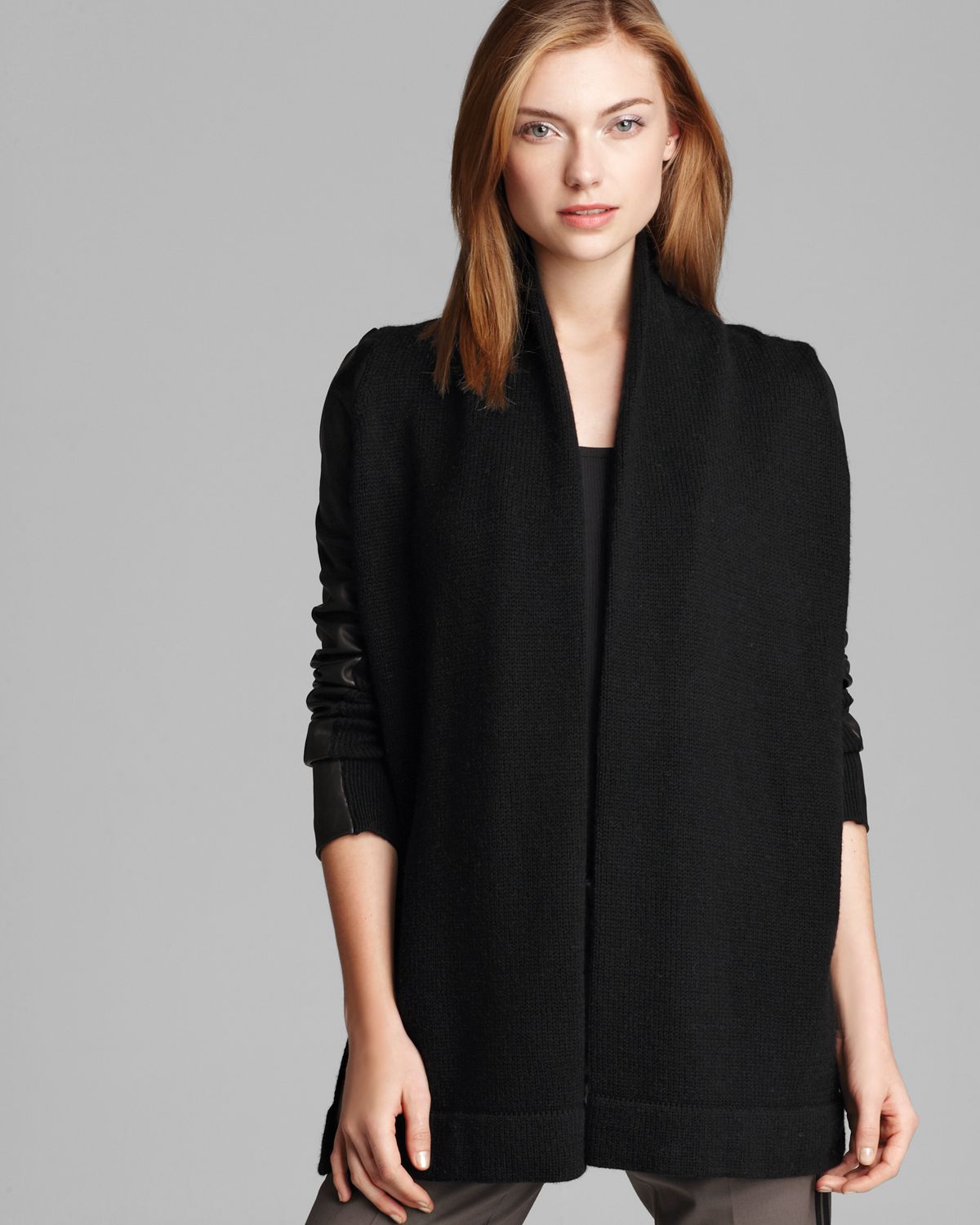 Vince Sweater Jacket Leather Sleeve Drape In Black Lyst