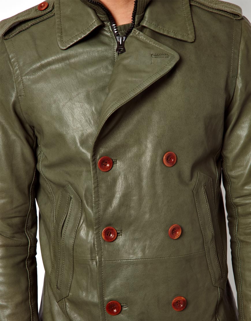 ASOS Diesel Leather Jacket Double Breasted Lkora in Green for Men Lyst