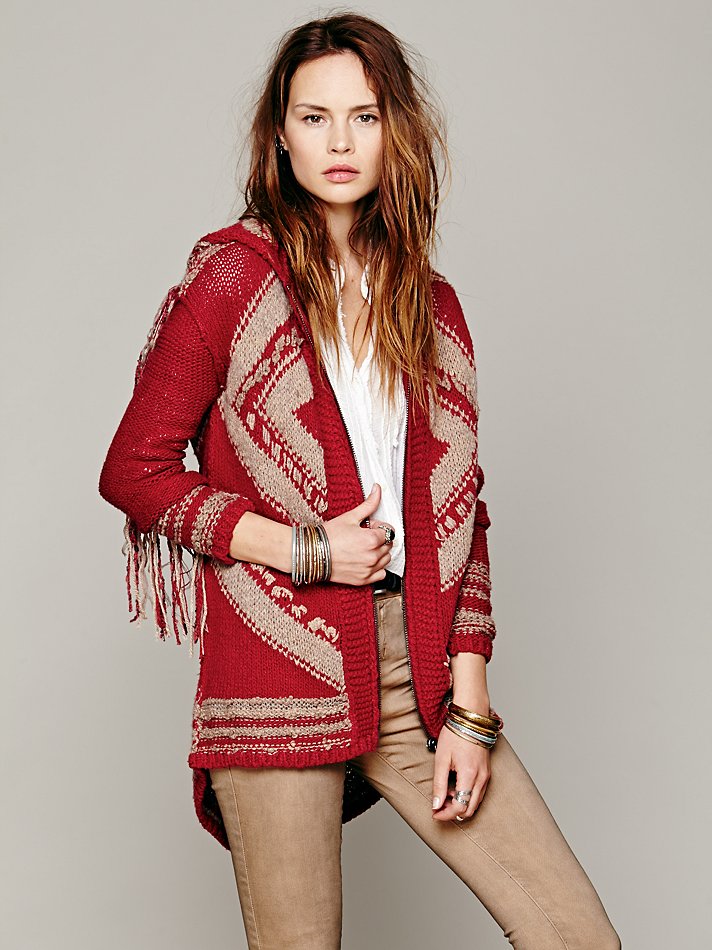 red hooded cardigan