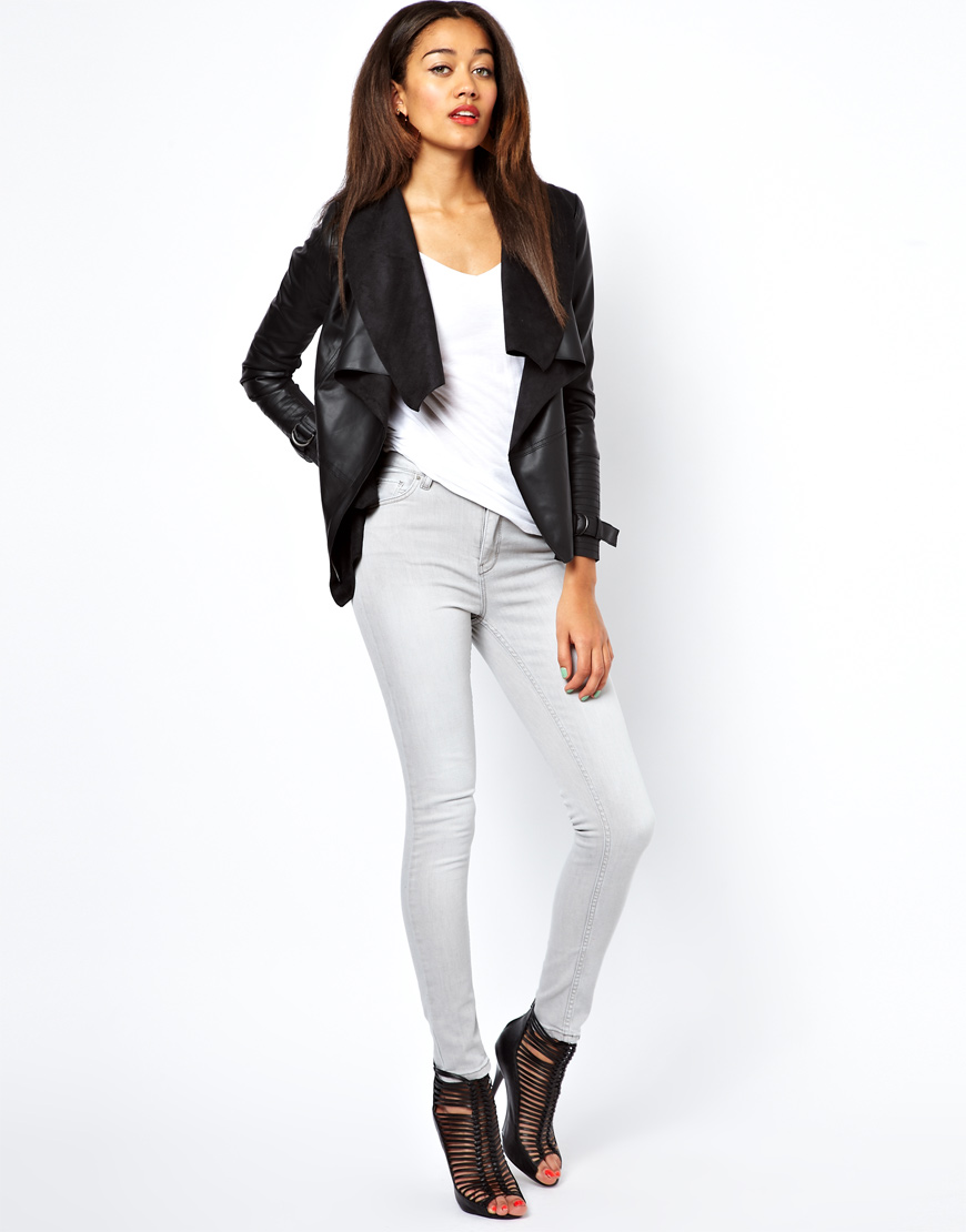 black leather waterfall front jacket
