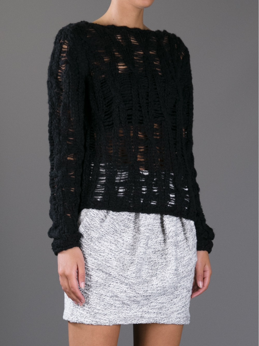 Saint Laurent Holey Knit Sweater in Black | Lyst