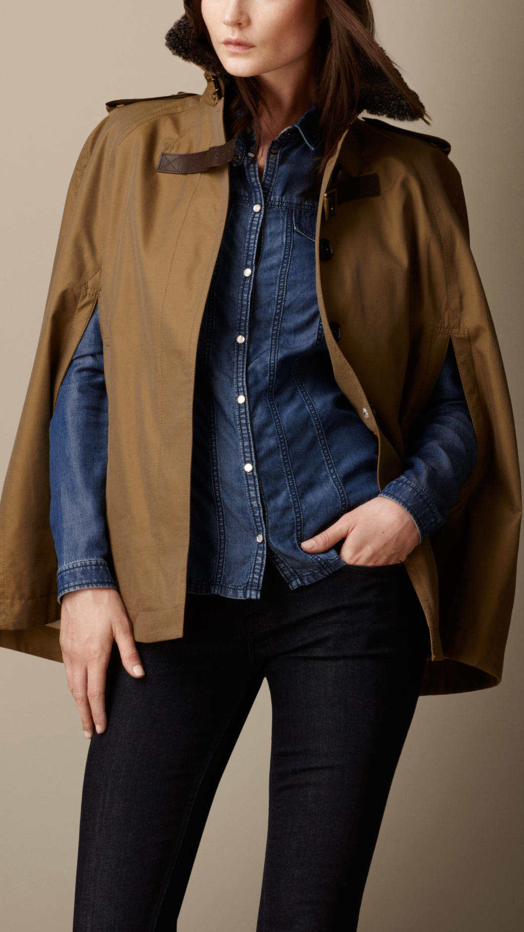 Lyst Burberry Shearling Collar Trench Cape in Brown