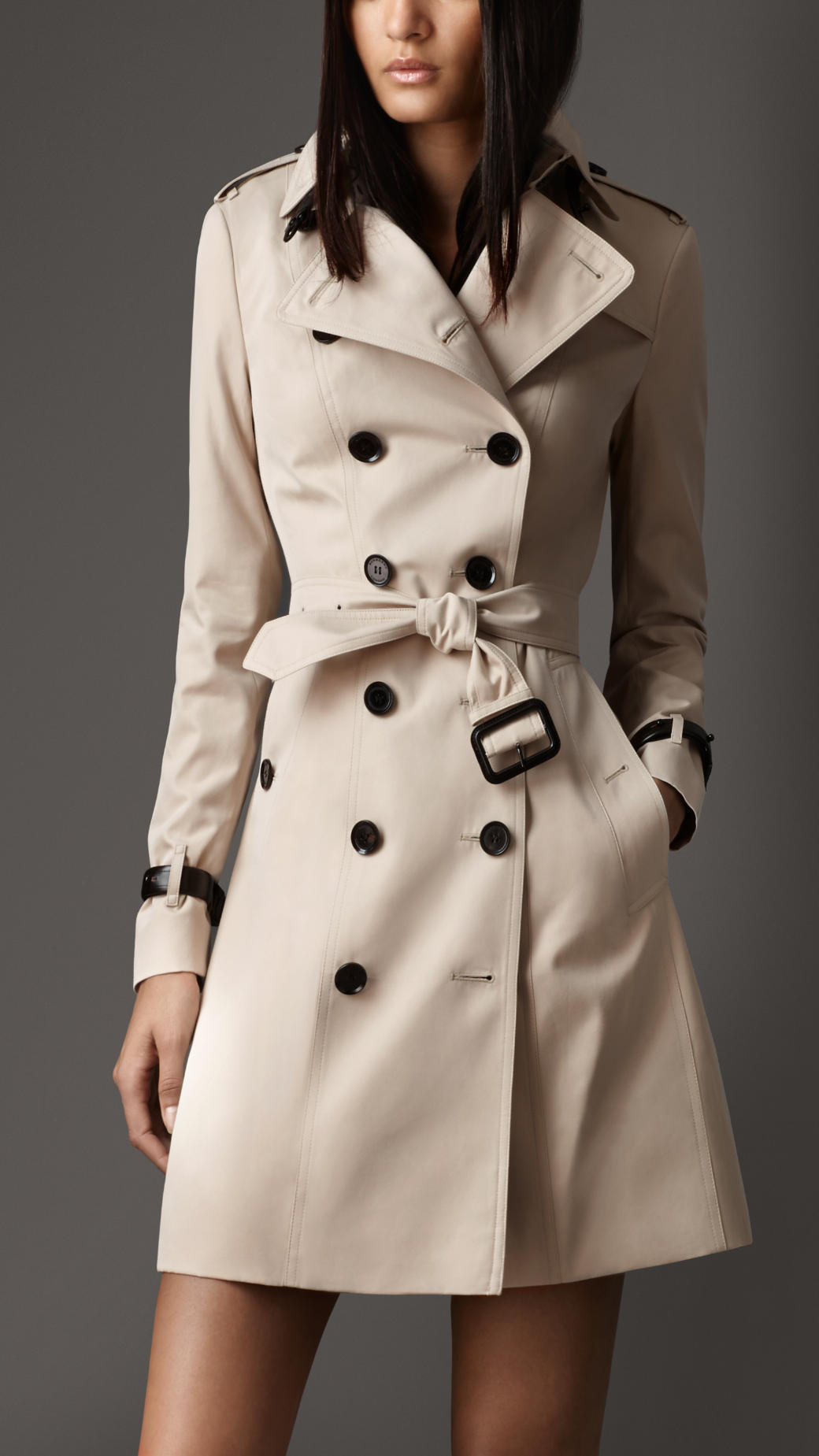 Burberry Long Leather Detail Gabardine Trench Coat in Natural | Lyst