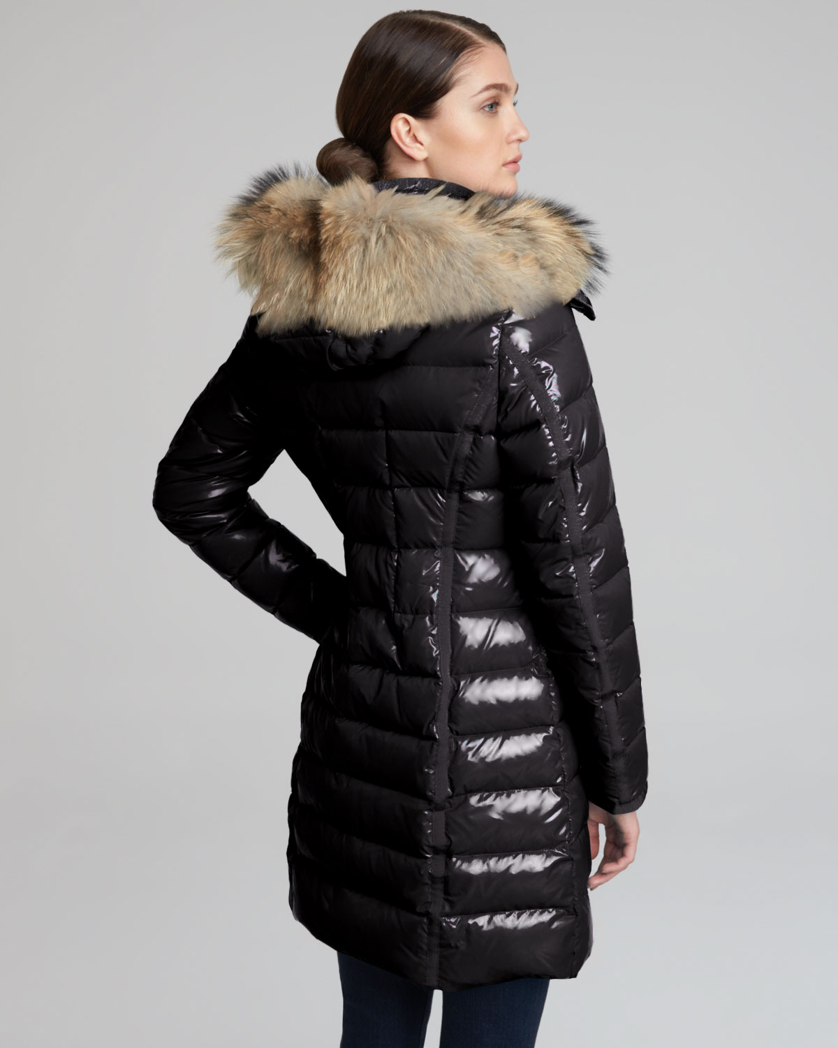 Moncler Fur hooded Long Puffer Coat in Black | Lyst