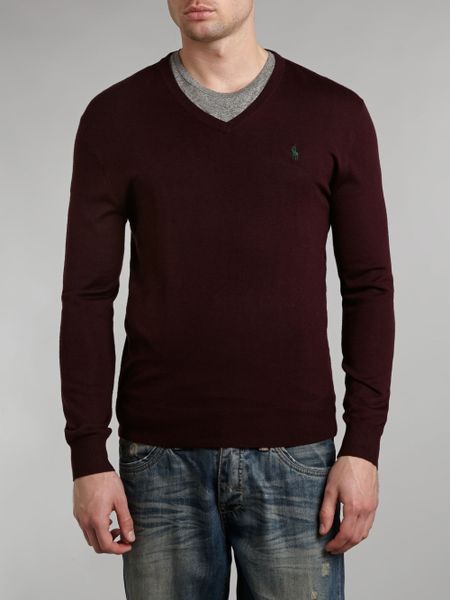 Polo Ralph Lauren Classic Fine Knit Merino Wool V Neck Jumper in Red ...