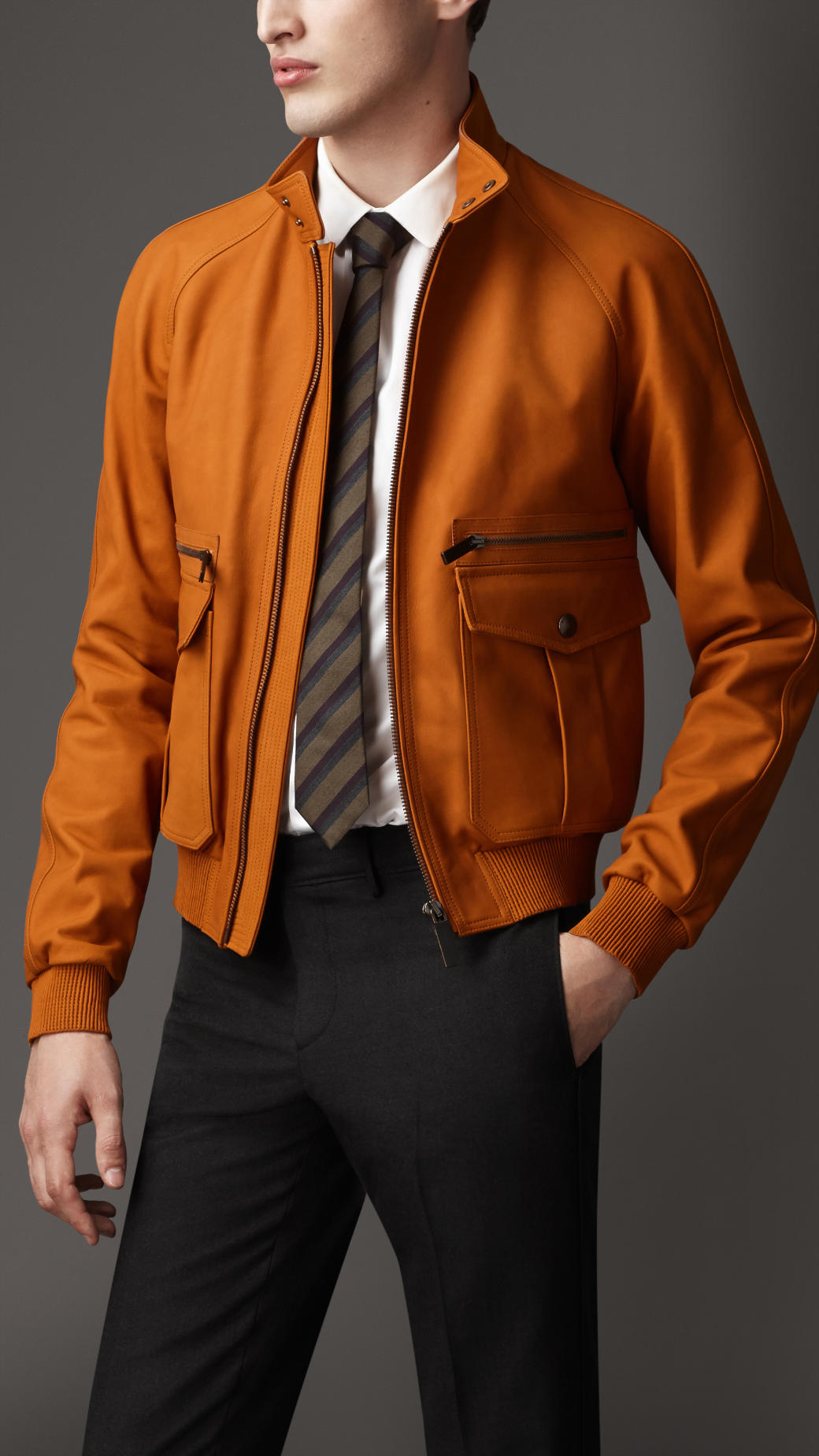 Burberry Leather Bomber Jacket in Orange for Men - Lyst