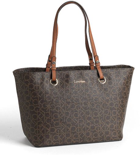 Calvin Klein Monogram Leather Tote Bag in Brown (brown/khaki/luggage ...