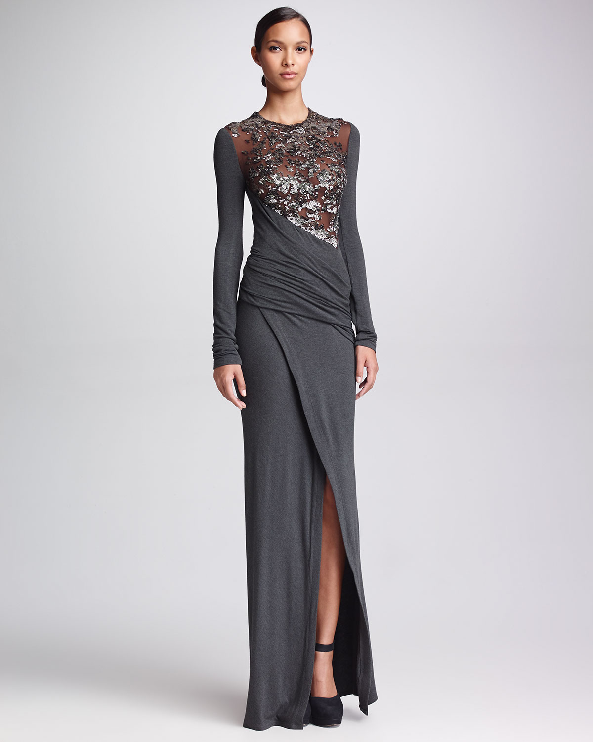 Donna Karan Long sleeve Sequined Jersey Gown Gunmetal in Gray Lyst