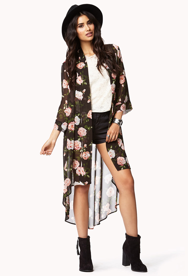 Forever 21 Cabbage Rose Print Chiffon Cardigan - Lyst