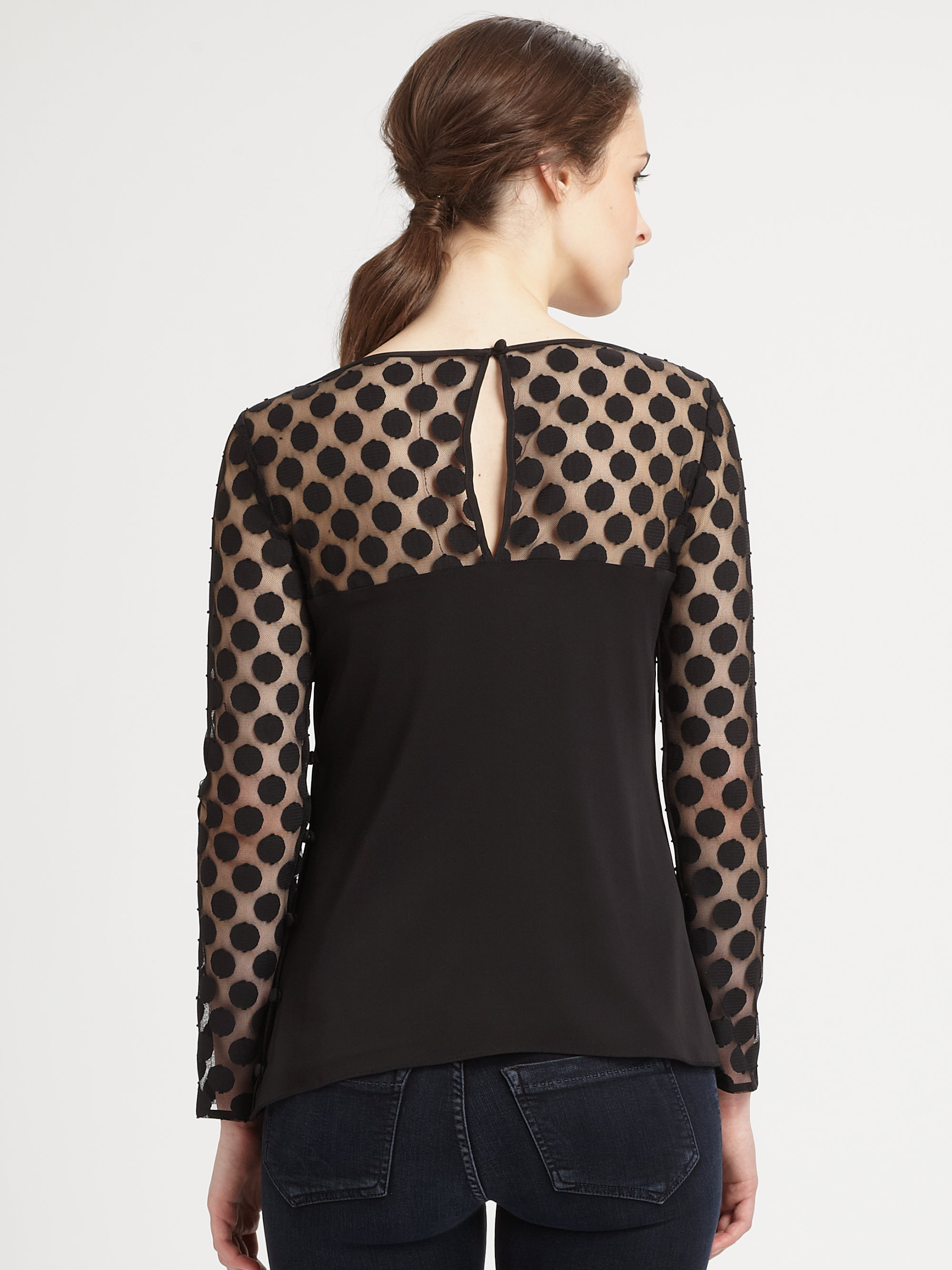 MILLY Sheer Polkadot Yoke Top in Black Lyst