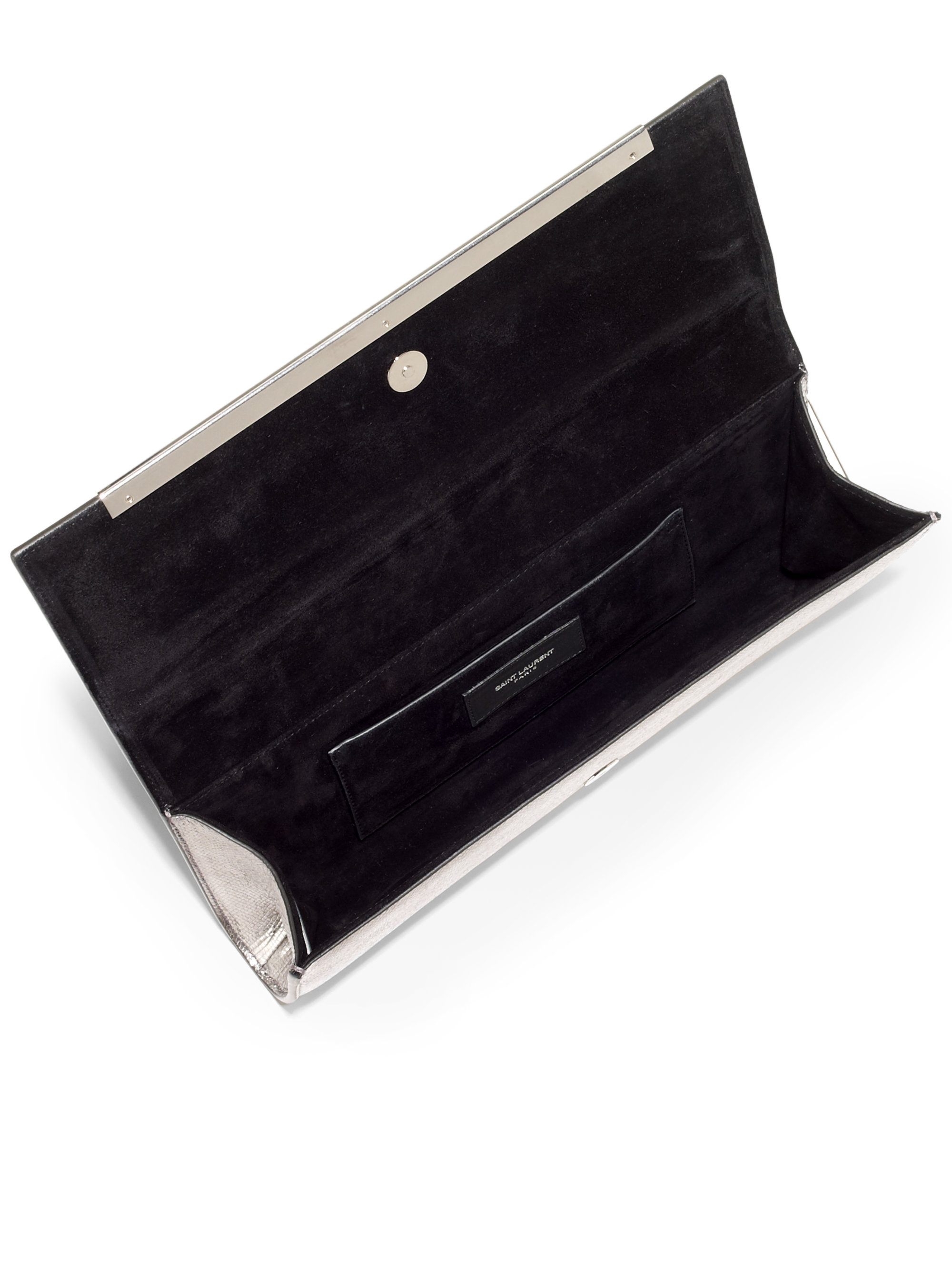Saint laurent Lutetia Leather Flap Clutch in Silver | Lyst