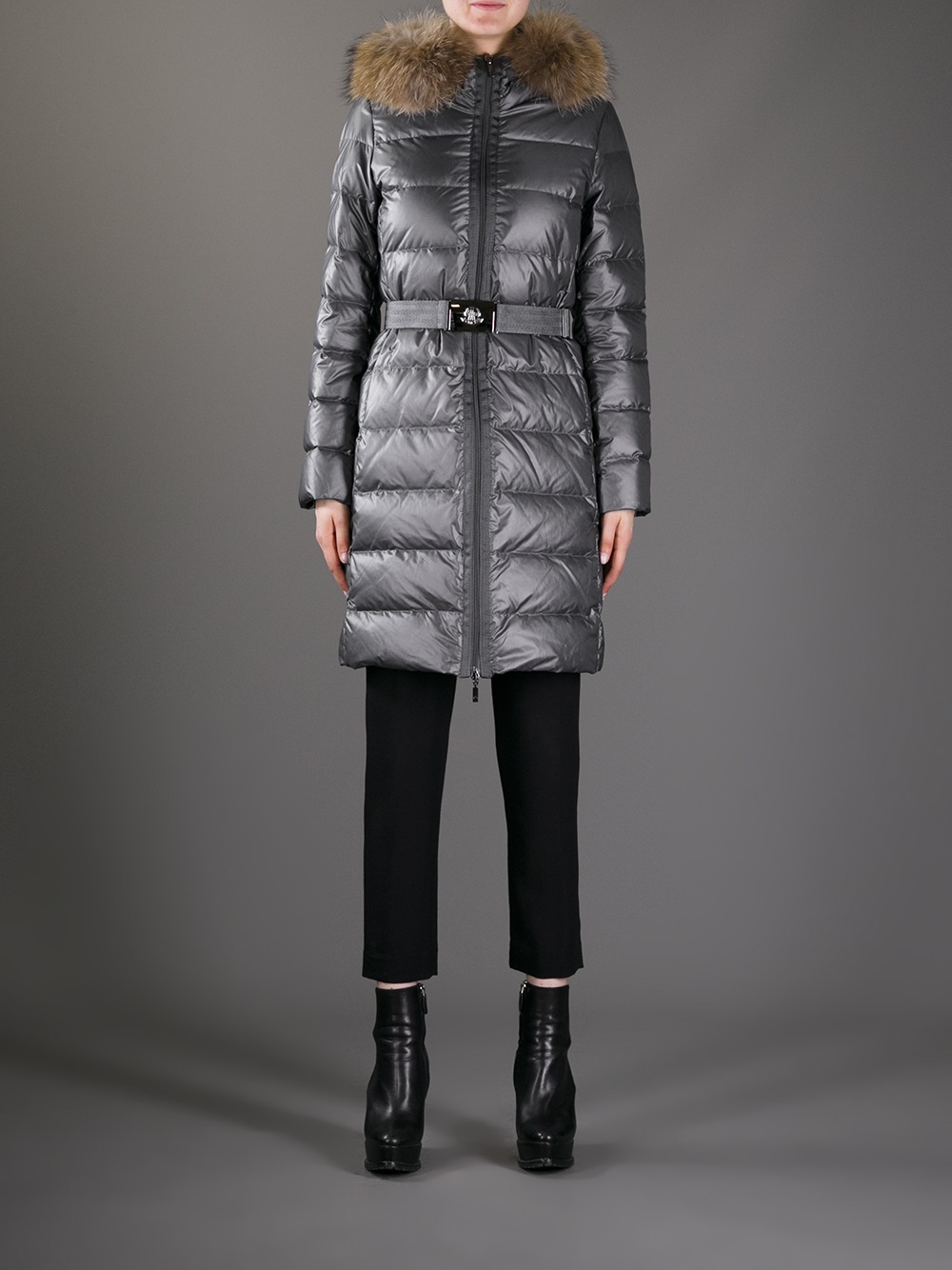 Moncler Nantes Fur Trim Coat in Grey 