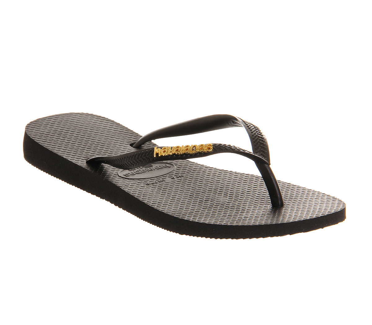 black havaianas with metal logo