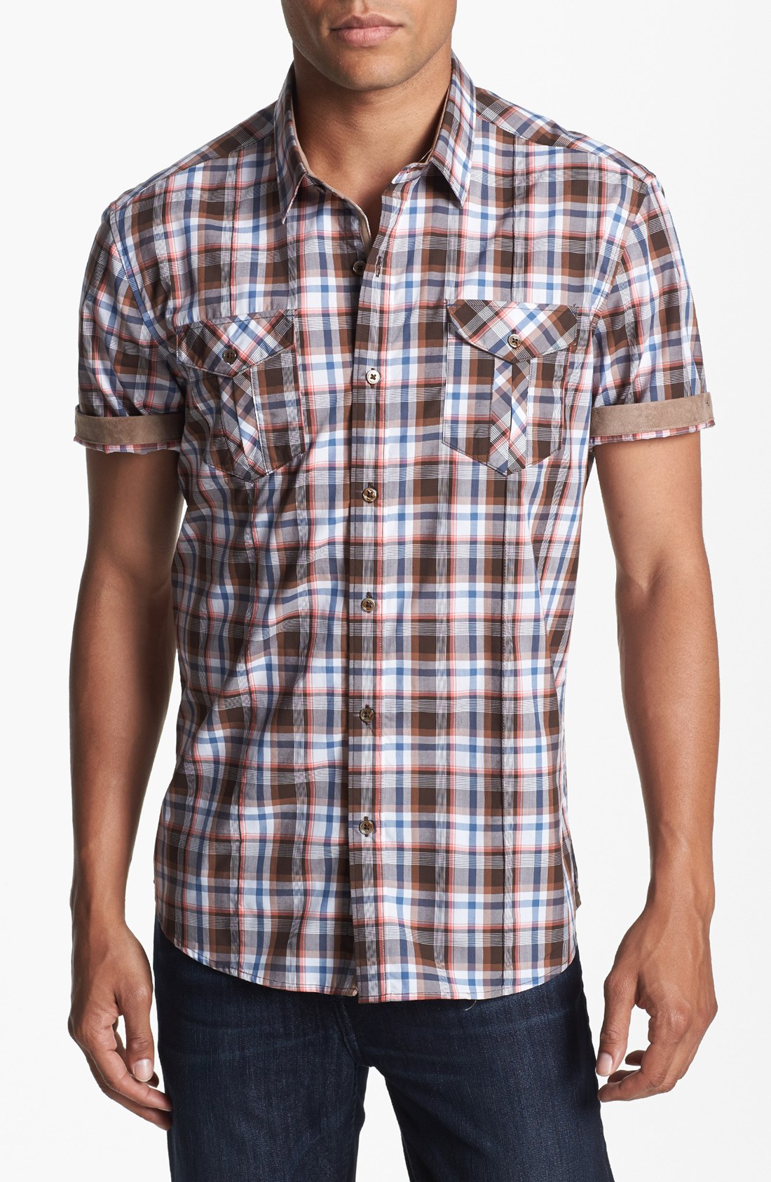 7 Diamonds Check The Vibe Plaid Woven Short Sleeve Shirt in Brown for ...