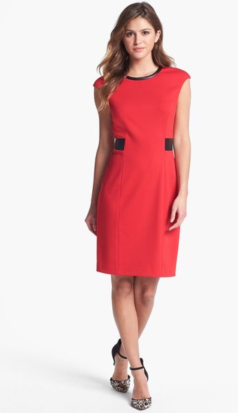 Calvin Klein Faux Leather Trim Ponte Sheath Dress in Red | Lyst