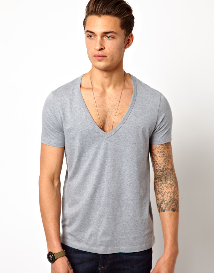 Asos T-shirt With Deep V Neck in Gray for Men | Lyst