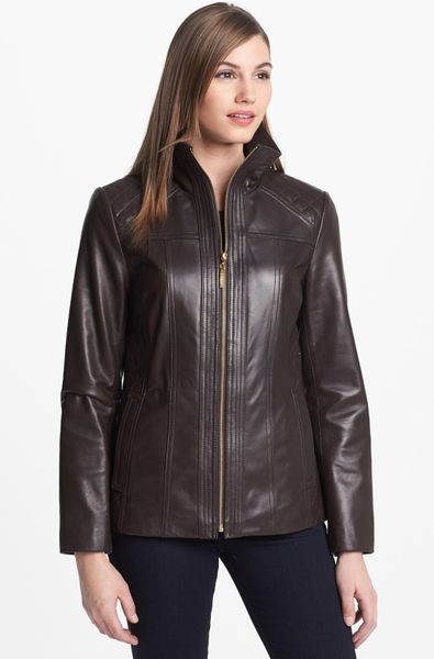 Ellen Tracy Quilt Trim Leather Jacket in Brown | Lyst
