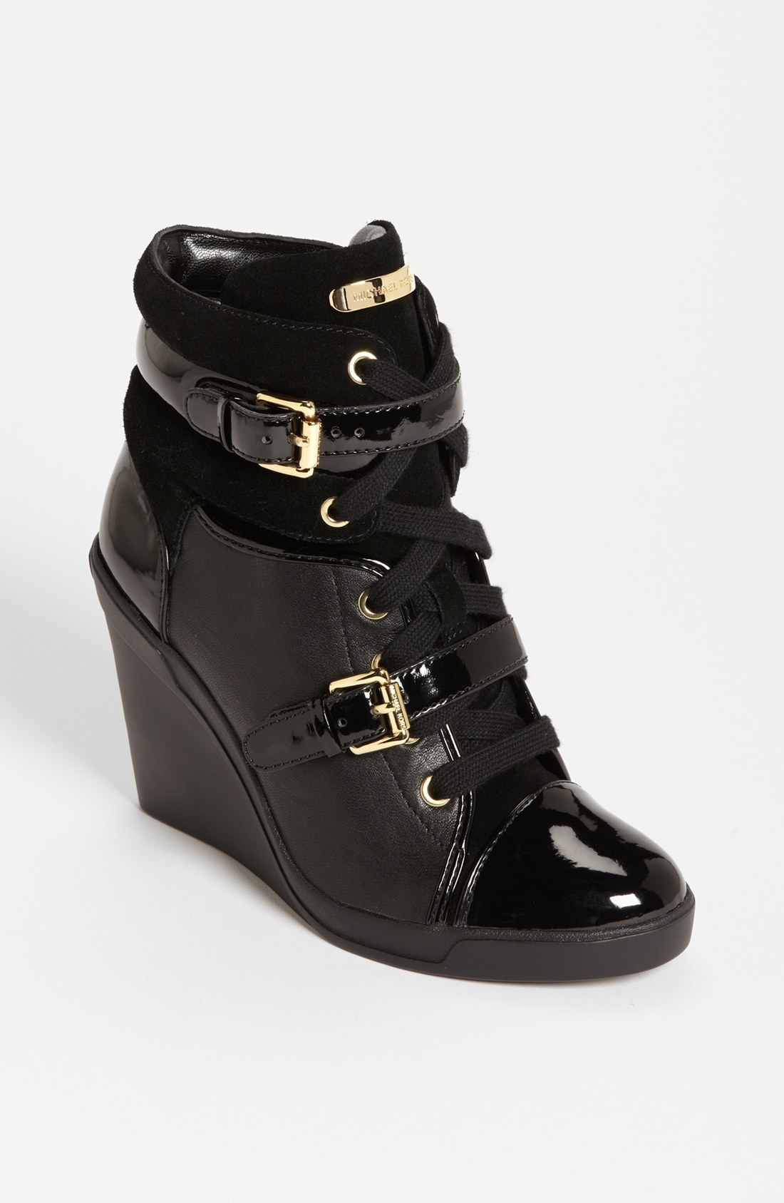 Michael KORS SKID ICONIC SEXY GOLD LOGO BUCKLE LACE UP WEDGE SNEAKERS ...