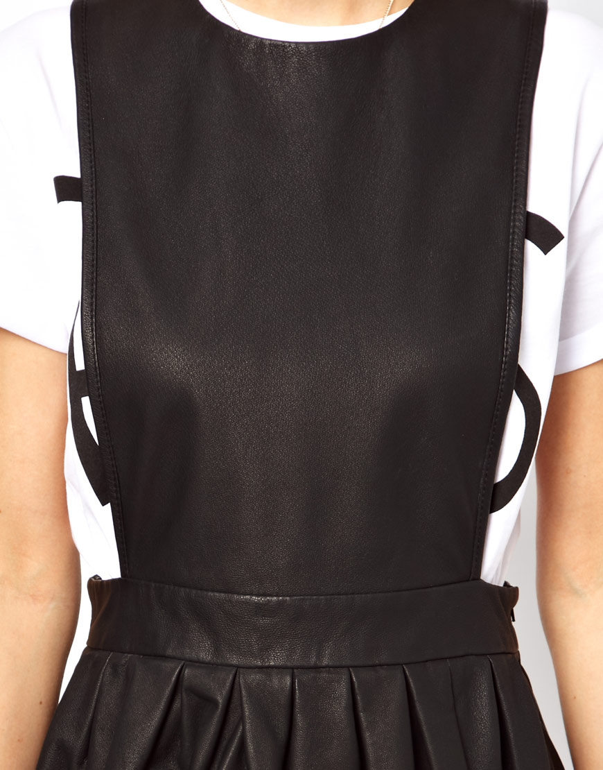 ASOS Leather Pinafore Skater Dress in Black - Lyst