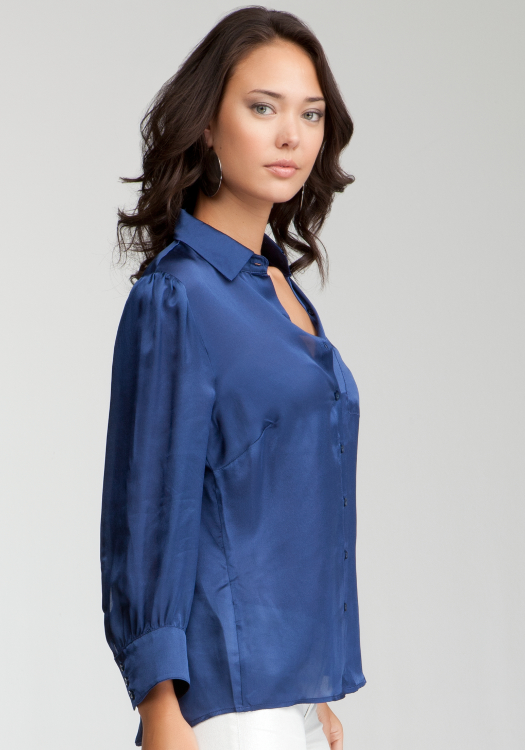 Bebe Simple Satin Silk Button Up Blouse in Blue - Lyst