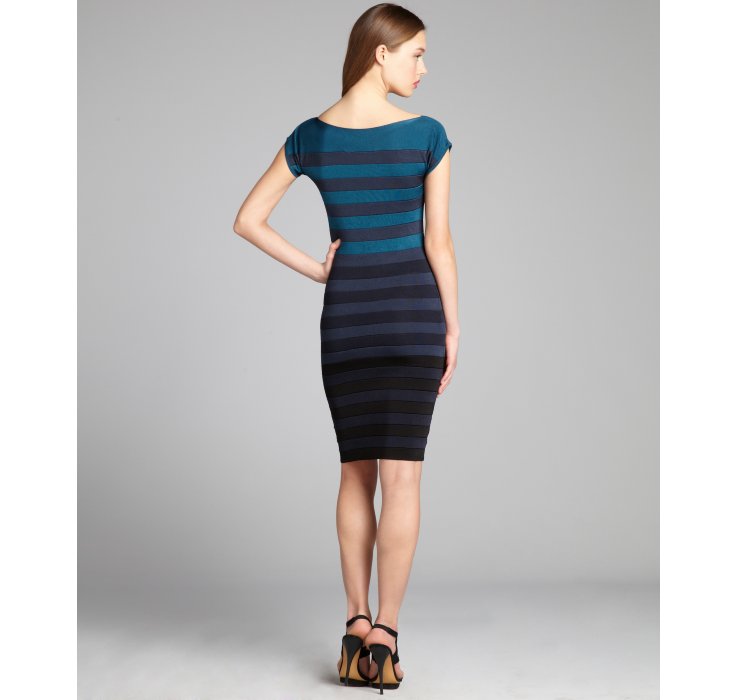 Lyst - French Connection Teal and Black Striped Jersey Knit New Ribbon Bandage Dress in Blue