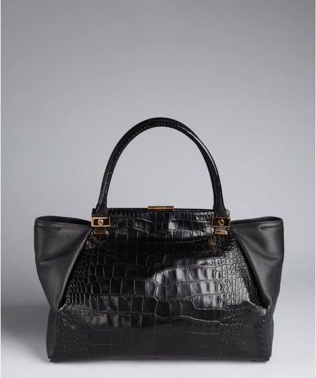 Lanvin Black Croc Embossed Patent Leather Trilogy Large Tote Bag in ...
