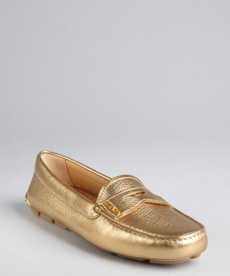 Prada Gold Leather Penny Loafers in Gold | Lyst