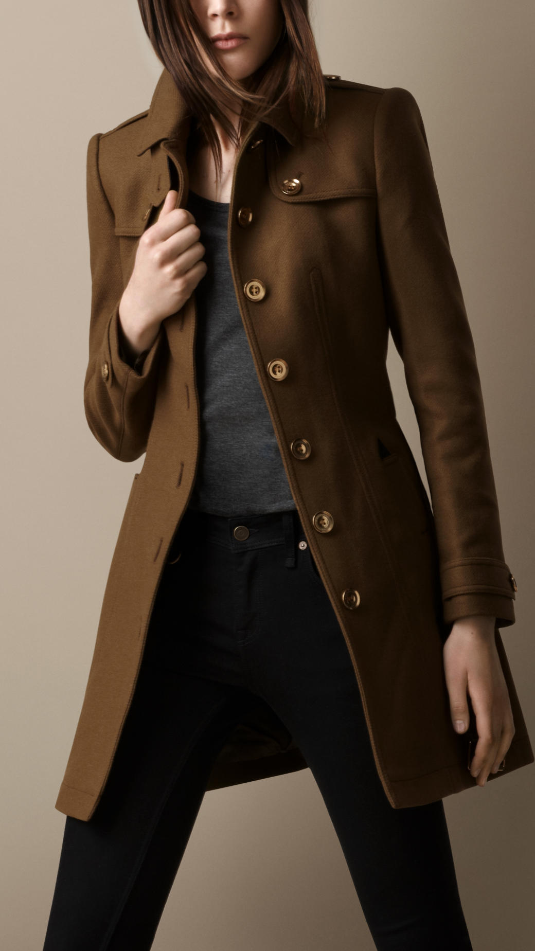 Burberry Leather Detail Wool Twill Coat in | Lyst