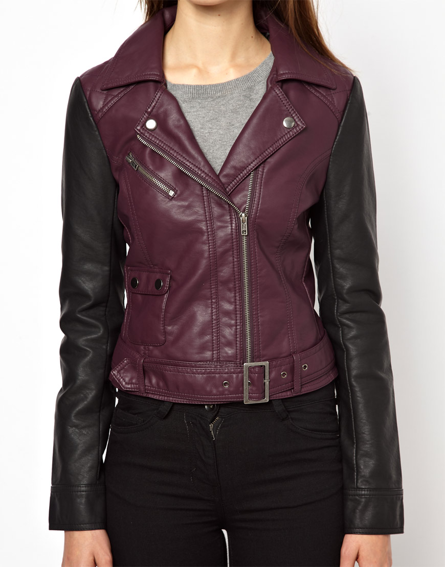 French Connection Athena Color Block Biker In Faux Leather