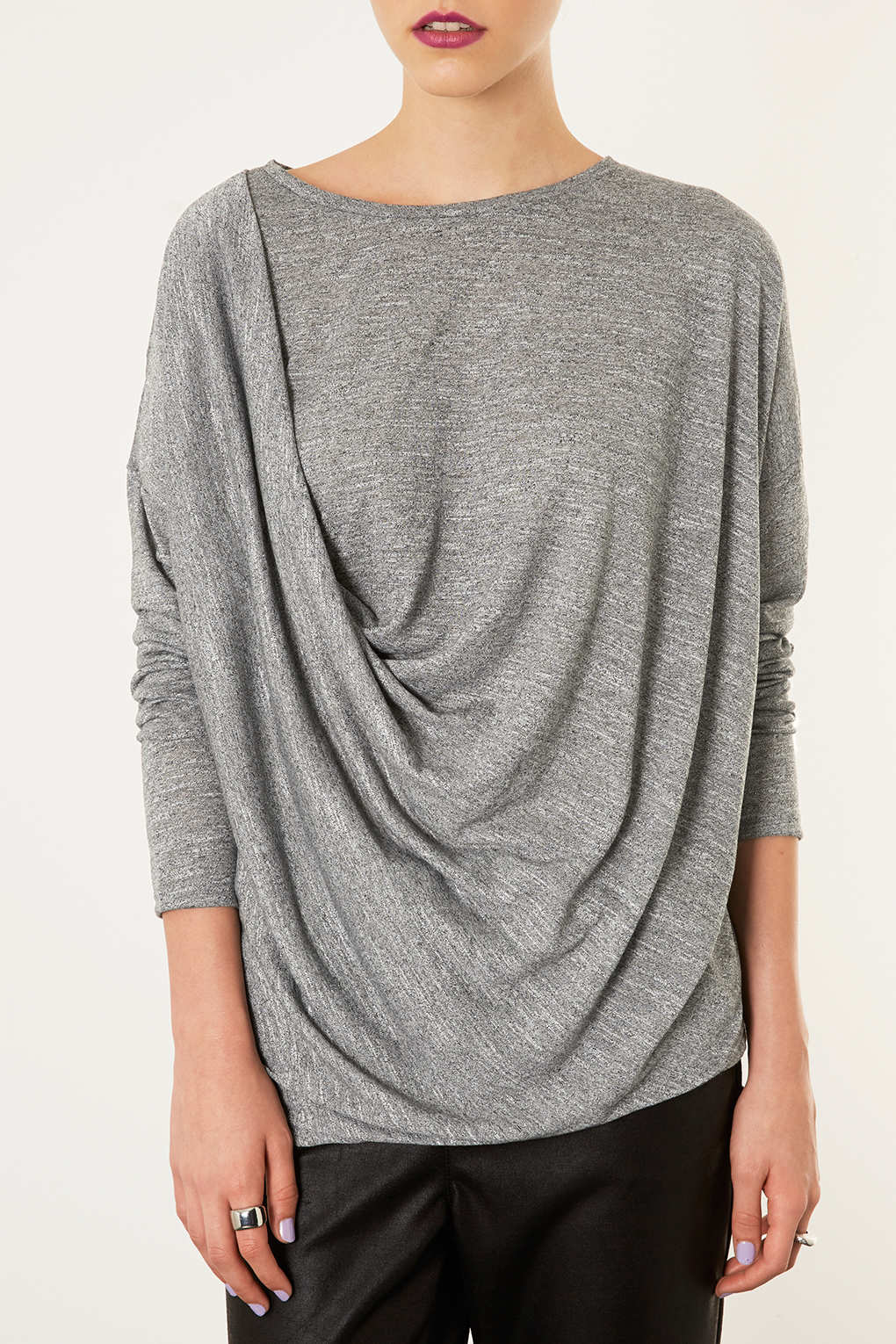 Topshop Long Sleeve Drape Top In Grey Marl Gray Lyst