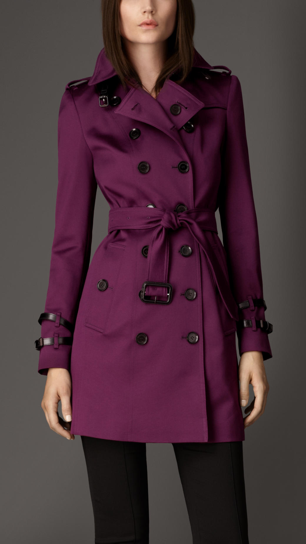Burberry Midlength Leather Detail Trench Coat in Purple (dark amethyst ...