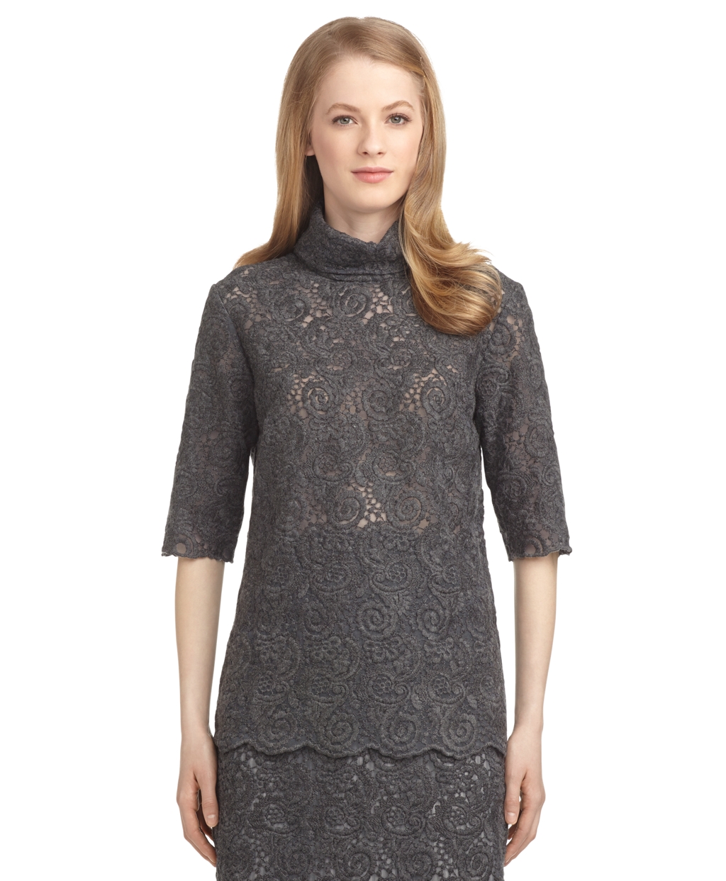 Lyst - Brooks brothers Lace And Tulle Mockneck Blouse in Gray